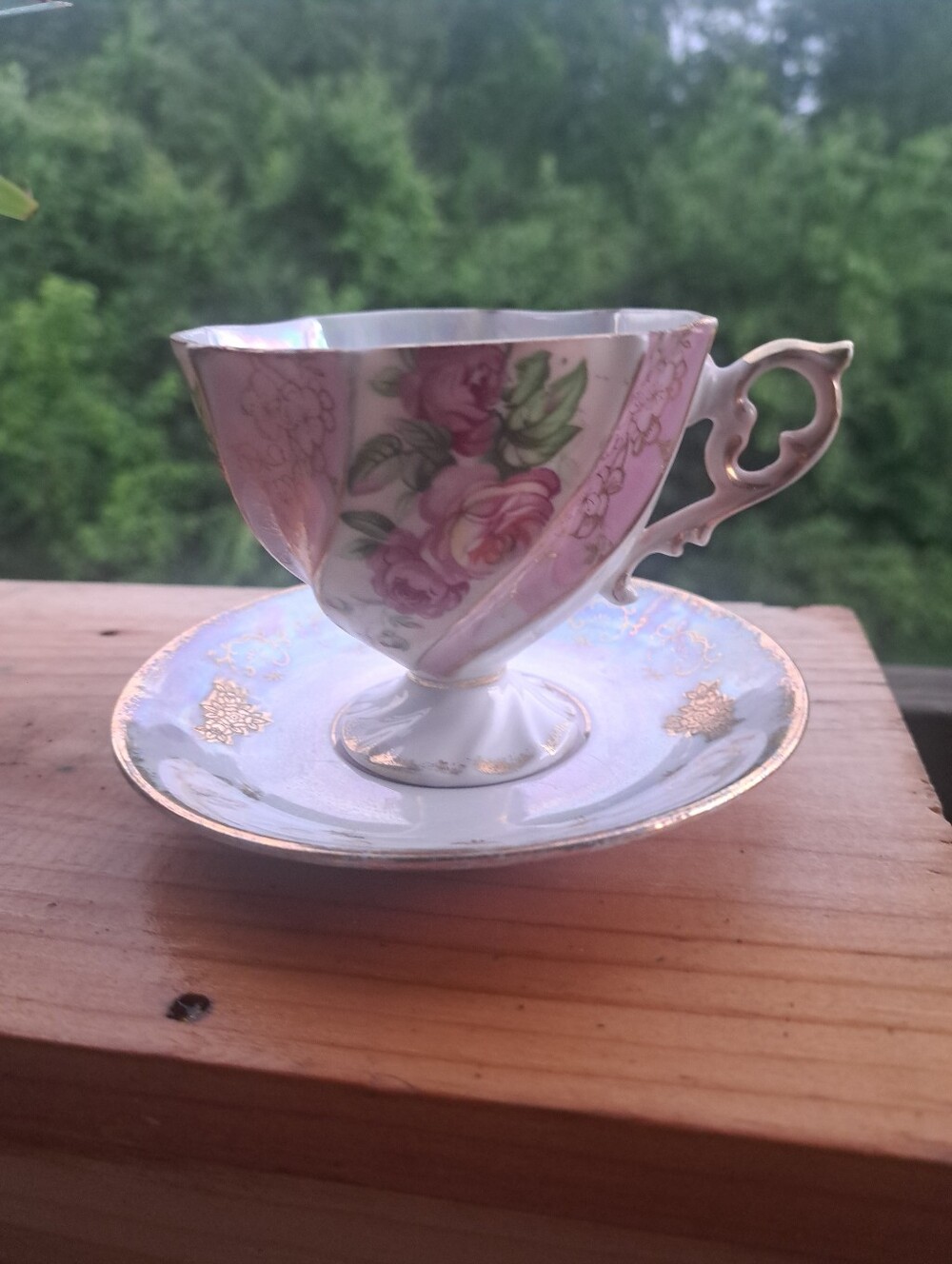 Vtg MCM Japanese Opalescent Lusterware Teacup & Saucer Pink Roses Gold  Accents